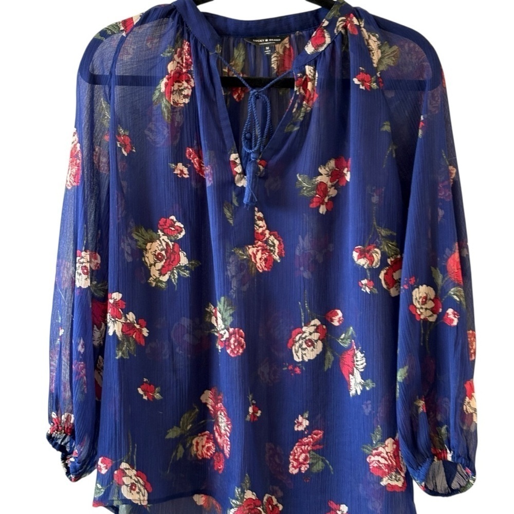 Lucky Brand Blue Chiffon Red Rose Floral Peasant V Neck Boho Blouse Size XS - Picture 5 of 11